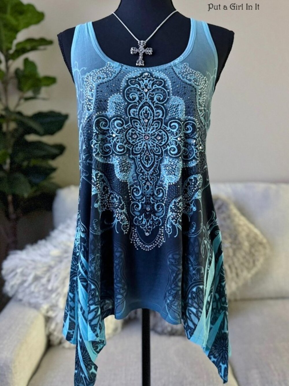 Vocal Apparel Women's Crystal Blue Cross Sublimation Tunic Tank Top S Small